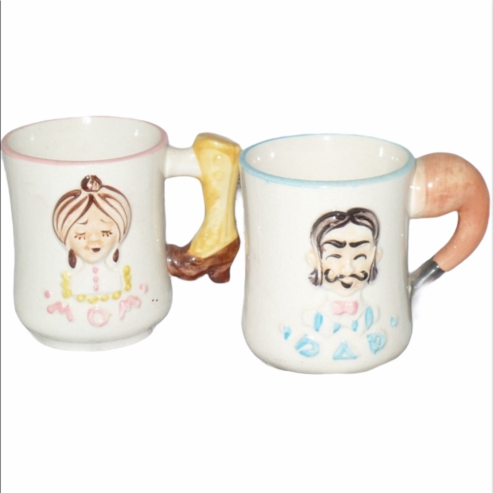 Vintage MOM & DAD Coffee Tea Mugs Cups Pipes Boots Kitsch Man Woman Punk Blue